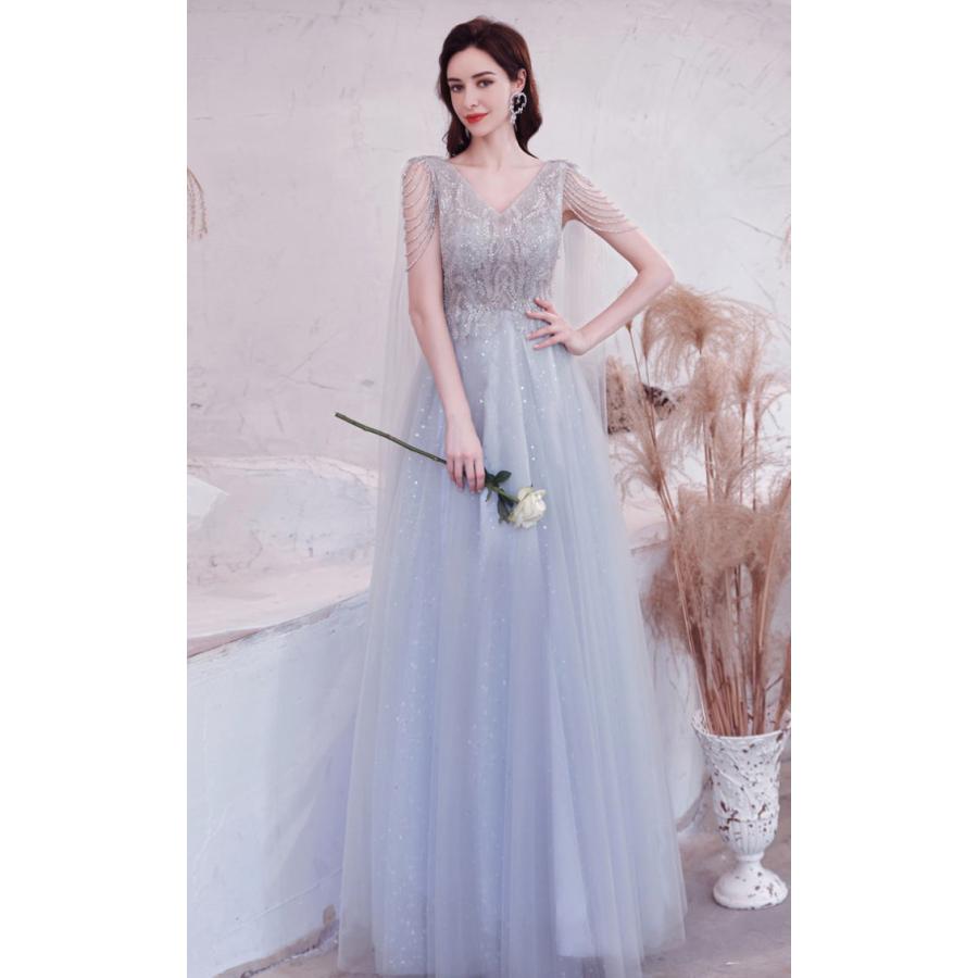 ANGEL Vネック ラメ チュール スパンコール ビーズ ノースリーブ 背中編上げ Aライン ロングドレス グレー 灰色 ロング ドレス パーティー - 画像 (2)