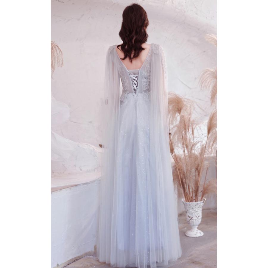 ANGEL Vネック ラメ チュール スパンコール ビーズ ノースリーブ 背中編上げ Aライン ロングドレス グレー 灰色 ロング ドレス パーティー - 画像 (3)