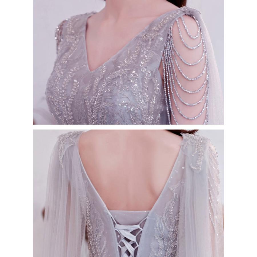 ANGEL Vネック ラメ チュール スパンコール ビーズ ノースリーブ 背中編上げ Aライン ロングドレス グレー 灰色 ロング ドレス パーティー - 画像 (4)
