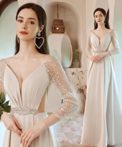 ANGEL Vネック チュール スパンコール ビジュー ウエストカット 七分袖付き Aライン ロングドレス ベージュ 生成 ロング ドレス パーティー