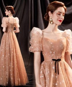 ANGEL ラメ チュール リボン 半袖付き 背中編上げ Aライン ロングドレス ベージュ 生成 ロング ドレス パーティードレス