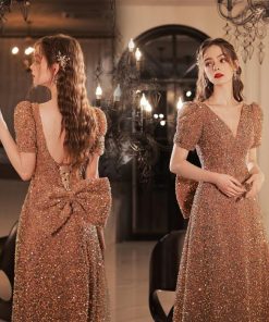 ANGEL Vネック スパンコール リボン パフスリーブ 背中編上げ 半袖付き Aライン ロングドレス ピンク ロング ドレス パーティードレス