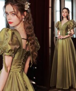 ANGEL Vネック リボン パフスリーブ 背中編上げ 半袖付き Aライン ロングドレス グリーン 緑 ロング ドレス パーティードレス