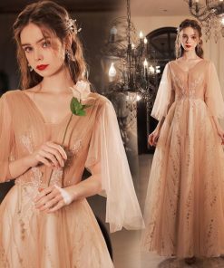 ANGEL Vネック 肌透け チュール ラメ ビーズ スパンコール 七分袖付き Aライン ロングドレス ピンク ロング ドレス パーティードレス