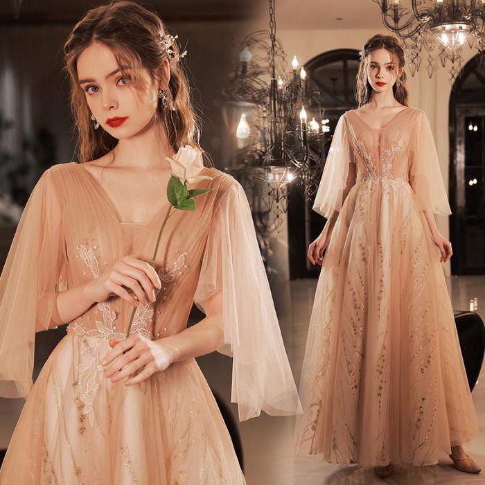 ANGEL Vネック 肌透け チュール ラメ ビーズ スパンコール 七分袖付き Aライン ロングドレス ピンク ロング ドレス パーティードレス