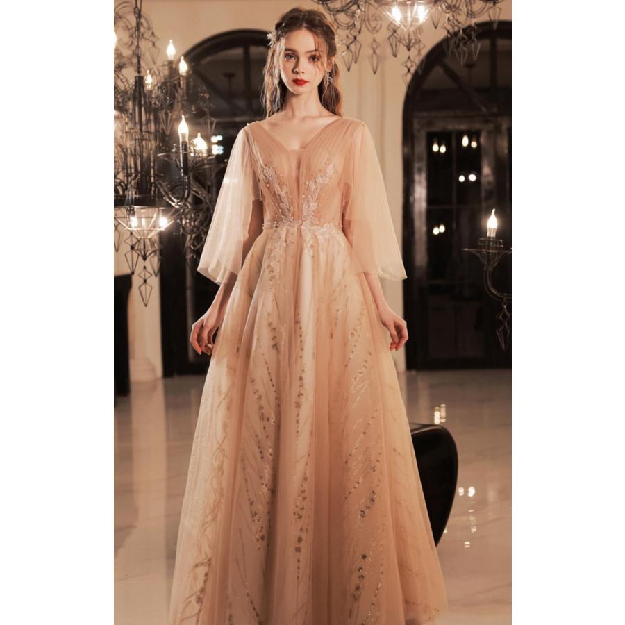 ANGEL Vネック 肌透け チュール ラメ ビーズ スパンコール 七分袖付き Aライン ロングドレス ピンク ロング ドレス パーティードレス - 画像 (2)