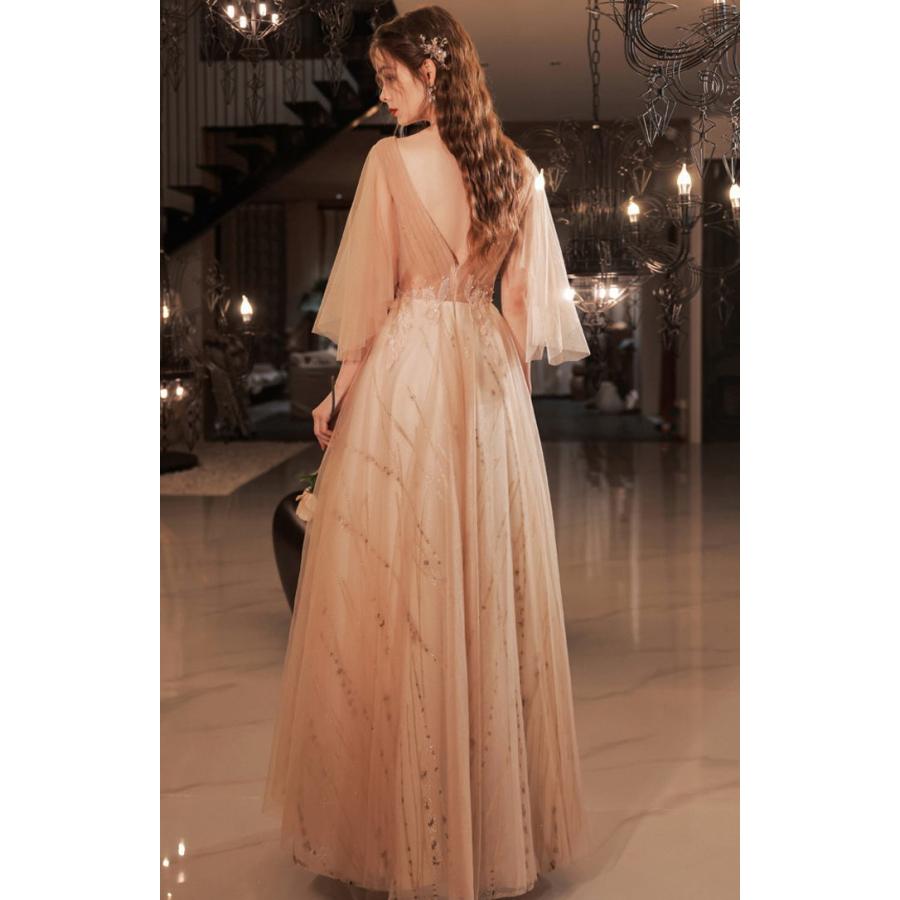 ANGEL Vネック 肌透け チュール ラメ ビーズ スパンコール 七分袖付き Aライン ロングドレス ピンク ロング ドレス パーティードレス - 画像 (3)