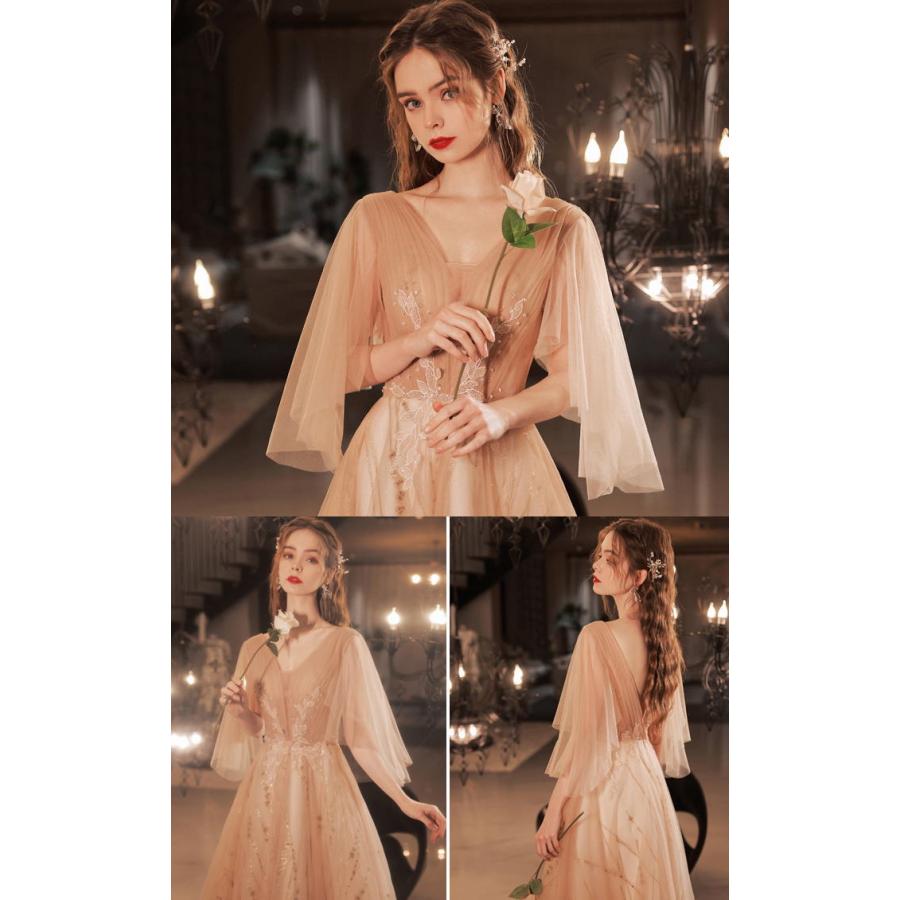 ANGEL Vネック 肌透け チュール ラメ ビーズ スパンコール 七分袖付き Aライン ロングドレス ピンク ロング ドレス パーティードレス - 画像 (4)