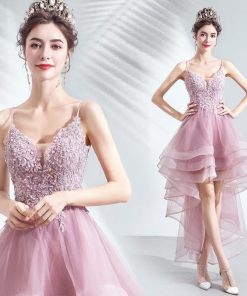 【ANGEL】キャミソールチュールレーススパンコールテールカット背中編上げAラインミニロングドレス【送料無料】高品質　ピンク　ロングドレス　パーティー