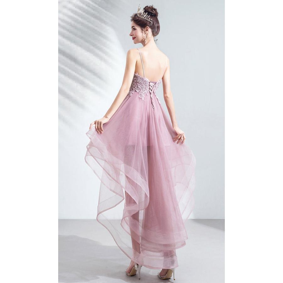 【ANGEL】キャミソールチュールレーススパンコールテールカット背中編上げAラインミニロングドレス【送料無料】高品質 ピンク ロングドレス パーティー - 画像 (4)