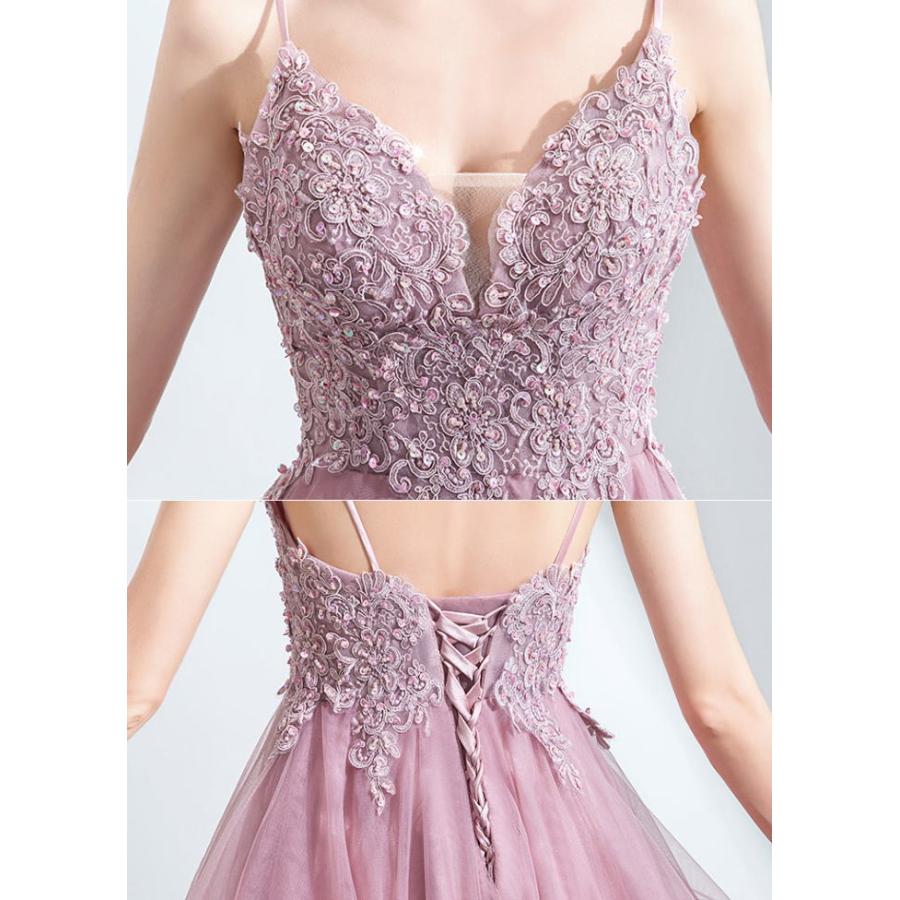 【ANGEL】キャミソールチュールレーススパンコールテールカット背中編上げAラインミニロングドレス【送料無料】高品質 ピンク ロングドレス パーティー - 画像 (5)