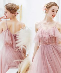 【ANGEL】キャミソールチュールラメビーズフリル背中編上げAラインロングドレス【送料無料】高品質　ピンク　ロングドレス　パーティードレス【GLITT