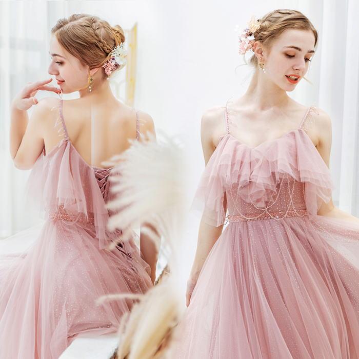 【ANGEL】キャミソールチュールラメビーズフリル背中編上げAラインロングドレス【送料無料】高品質 ピンク ロングドレス パーティードレス【GLITT