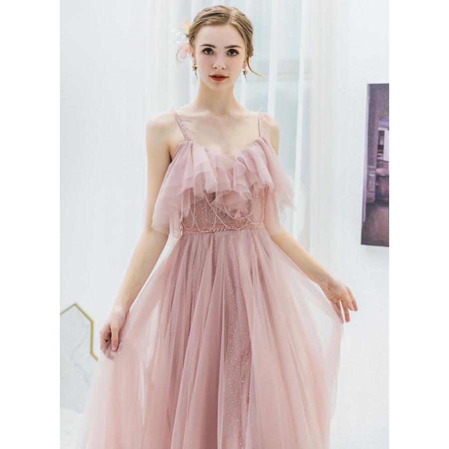 【ANGEL】キャミソールチュールラメビーズフリル背中編上げAラインロングドレス【送料無料】高品質 ピンク ロングドレス パーティードレス【GLITT - 画像 (2)