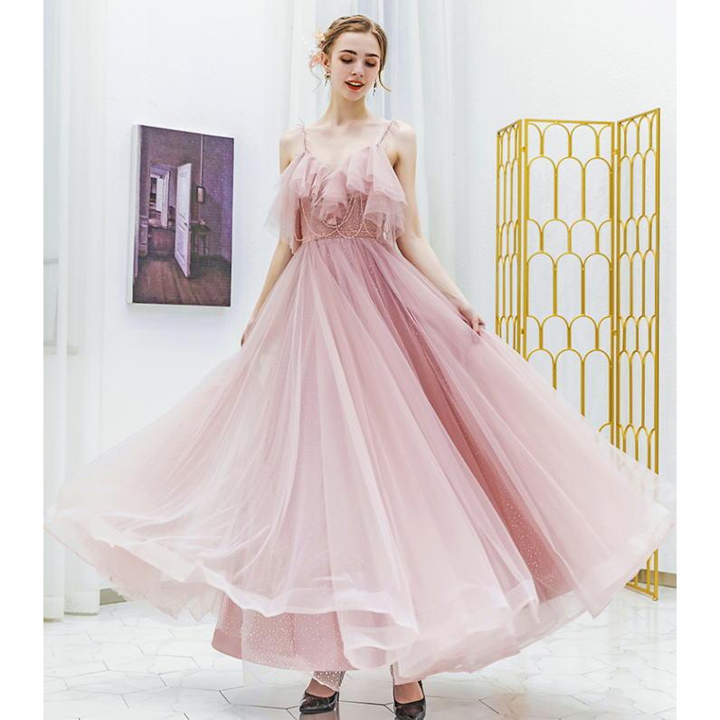 【ANGEL】キャミソールチュールラメビーズフリル背中編上げAラインロングドレス【送料無料】高品質 ピンク ロングドレス パーティードレス【GLITT - 画像 (3)