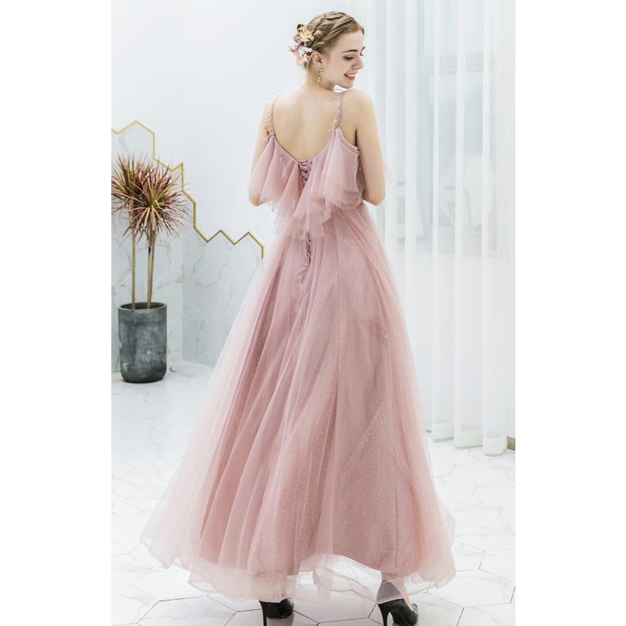 【ANGEL】キャミソールチュールラメビーズフリル背中編上げAラインロングドレス【送料無料】高品質 ピンク ロングドレス パーティードレス【GLITT - 画像 (4)