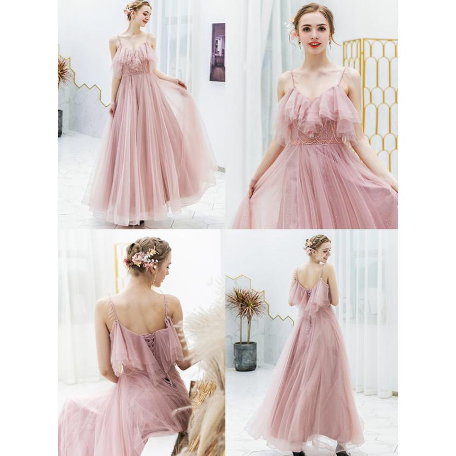 【ANGEL】キャミソールチュールラメビーズフリル背中編上げAラインロングドレス【送料無料】高品質 ピンク ロングドレス パーティードレス【GLITT - 画像 (5)