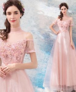 【ANGEL】スタンドカラー肌透けチュールレースパール半袖付き背中編上げAラインロングドレス【送料無料】高品質　ピンク　ロングドレス　パーティードレス