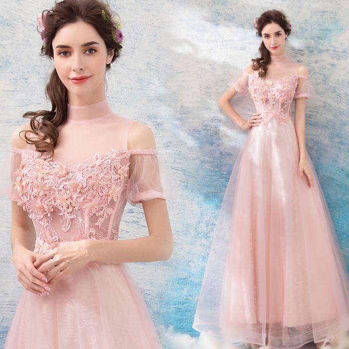 【ANGEL】スタンドカラー肌透けチュールレースパール半袖付き背中編上げAラインロングドレス【送料無料】高品質 ピンク ロングドレス パーティードレス