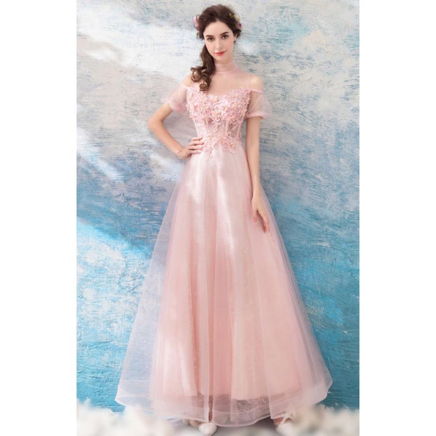 【ANGEL】スタンドカラー肌透けチュールレースパール半袖付き背中編上げAラインロングドレス【送料無料】高品質 ピンク ロングドレス パーティードレス - 画像 (2)