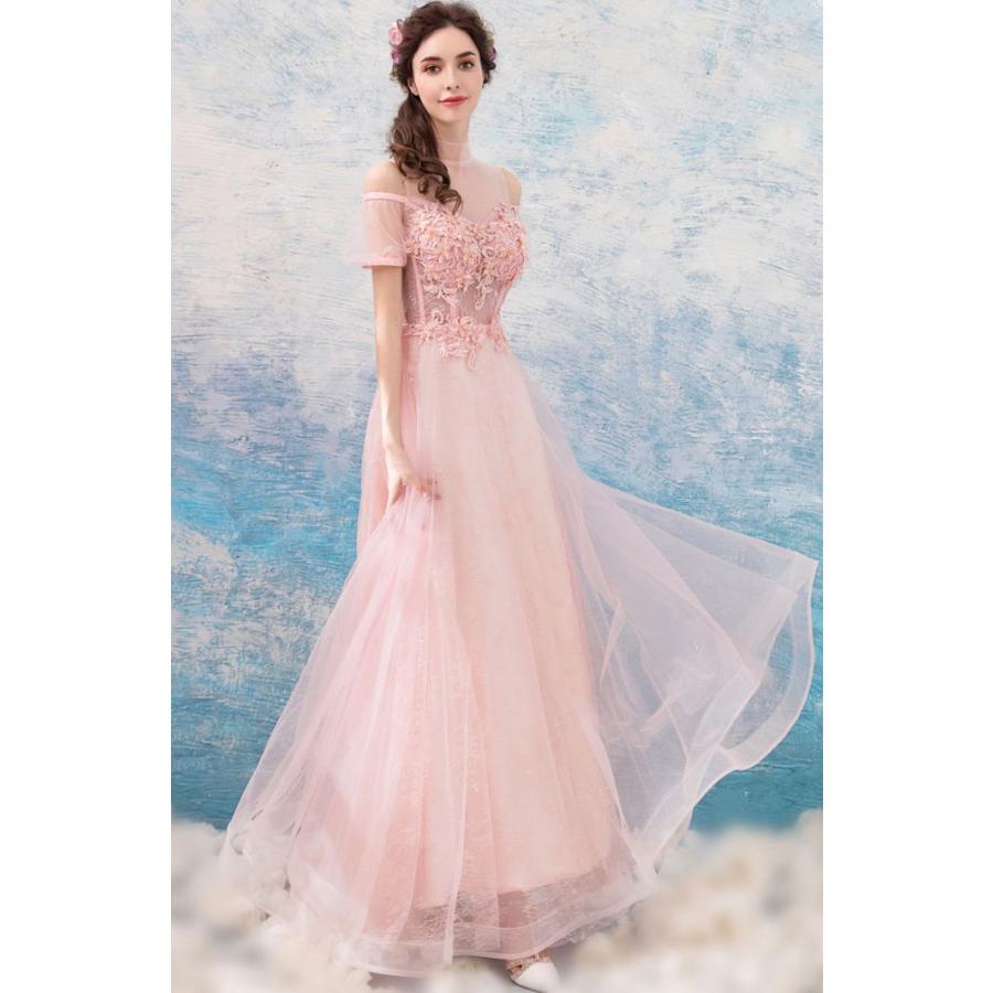 【ANGEL】スタンドカラー肌透けチュールレースパール半袖付き背中編上げAラインロングドレス【送料無料】高品質 ピンク ロングドレス パーティードレス - 画像 (3)