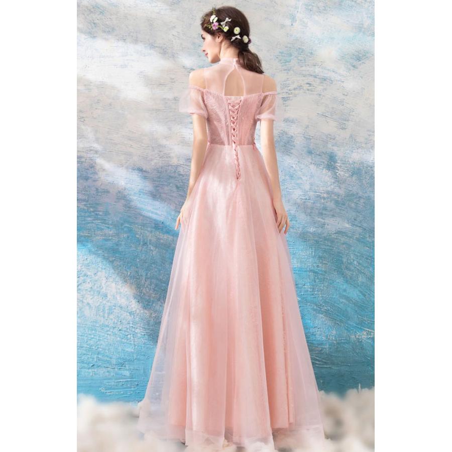 【ANGEL】スタンドカラー肌透けチュールレースパール半袖付き背中編上げAラインロングドレス【送料無料】高品質 ピンク ロングドレス パーティードレス - 画像 (4)