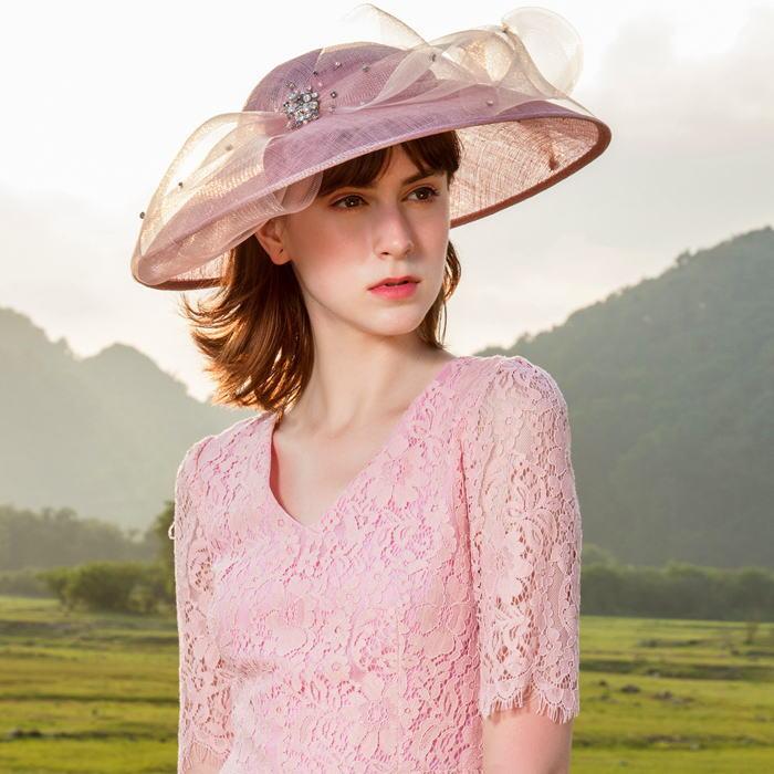 ストローハット 送料無料 リボンラインストーン付き女優ストローハット♪ラベンダー パープル 紫 麦わら帽子 ハット レディース 女優帽 ヘッドドレス - 画像 (2)