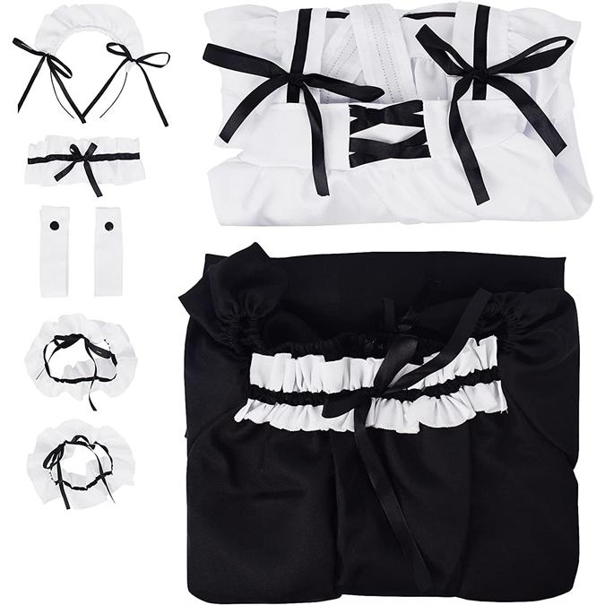 当日発送 メイド服 セクシー コスプレ ロリータ レディース メイド 服 ゴスロリ 萌え 衣装 フリル かわいい カチューシャ 付き 8点 セット - 画像 (7)