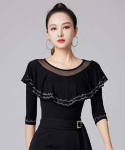 社交ダンス衣装 トップス 5分袖 フリル ラテンダンス 衣装 タンゴ ワルツ レッスン着 フラメンコ モダン ダンスウェア 社交ダンス