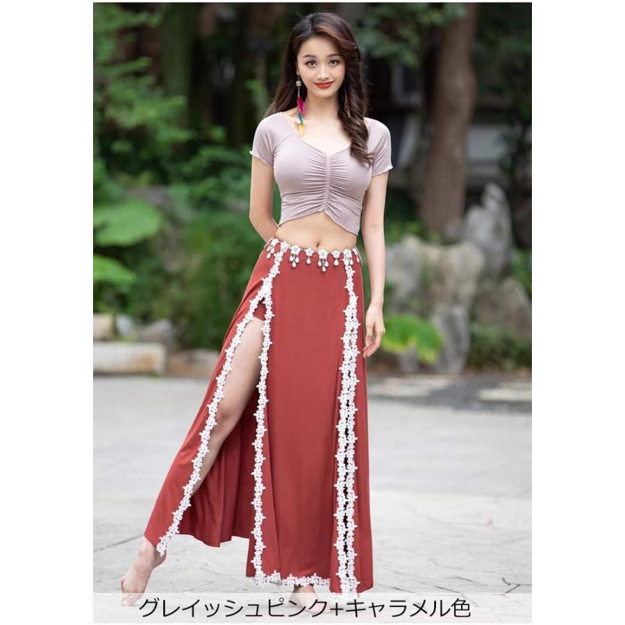 ベリーダンス衣装 セットアップ レッスン着 練習着 衣装 セット レース ヒップスカープ スカート レッスンウェア 半袖 トップス 無地 レディース 大人 社交ダン