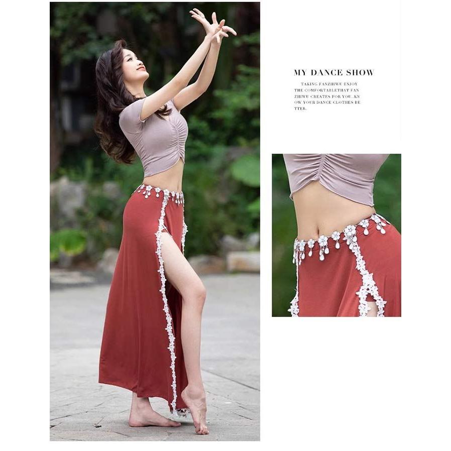 ベリーダンス衣装 セットアップ レッスン着 練習着 衣装 セット レース ヒップスカープ スカート レッスンウェア 半袖 トップス 無地 レディース 大人 社交ダン - 画像 (4)