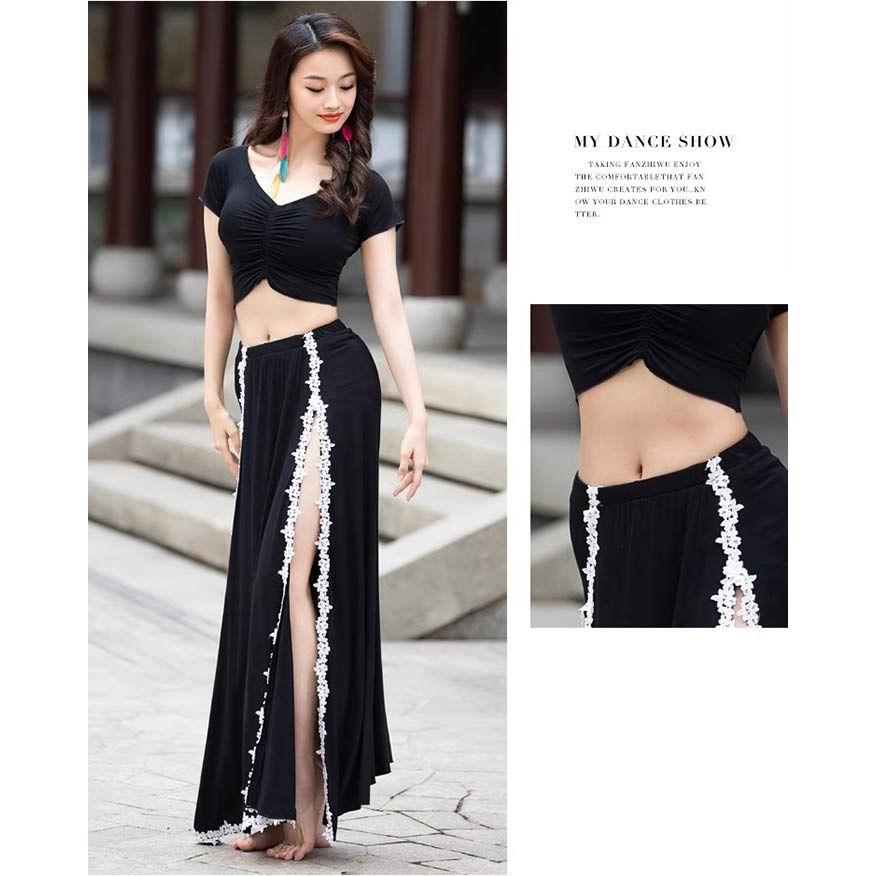 ベリーダンス衣装 セットアップ レッスン着 練習着 衣装 セット レース ヒップスカープ スカート レッスンウェア 半袖 トップス 無地 レディース 大人 社交ダン - 画像 (6)