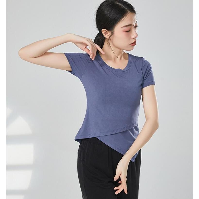 半袖 ダンス トップス ストレッチ 無地 Tシャツ 斜め アシンメトリー裾 レディース ヨガ バレエ 古典舞踊 社交ダンス 練習着 レッスン着 スポーツ ウェ