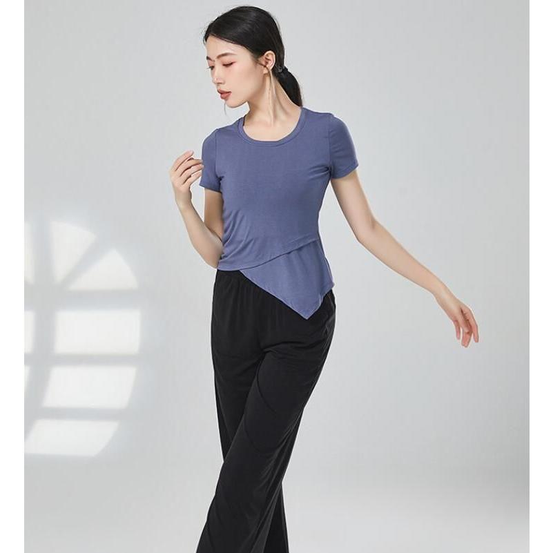 半袖 ダンス トップス ストレッチ 無地 Tシャツ 斜め アシンメトリー裾 レディース ヨガ バレエ 古典舞踊 社交ダンス 練習着 レッスン着 スポーツ ウェ - 画像 (2)