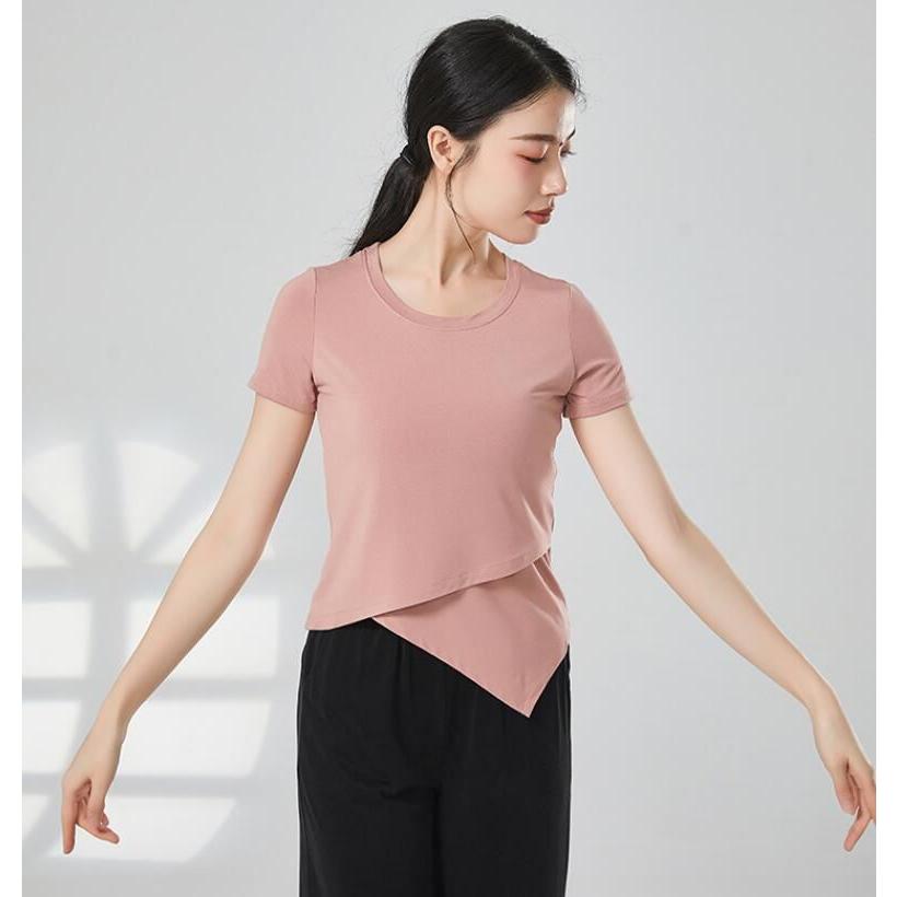 半袖 ダンス トップス ストレッチ 無地 Tシャツ 斜め アシンメトリー裾 レディース ヨガ バレエ 古典舞踊 社交ダンス 練習着 レッスン着 スポーツ ウェ - 画像 (3)