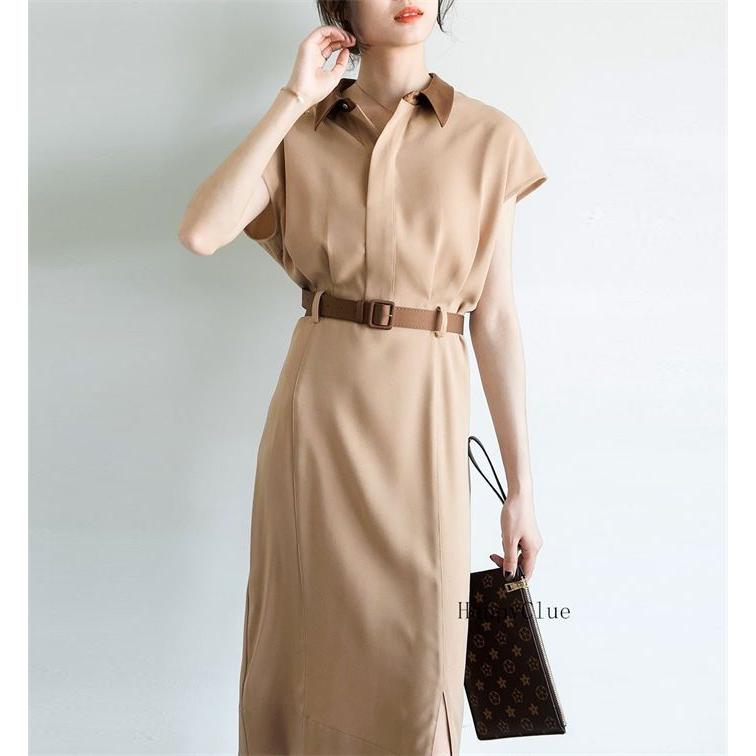 フォーマル ワンピース シャツ風ワンピース エレガント レディース 通勤ワンピース OLオフィス 事務服 きれいめ 半袖 春夏 おしゃれ Aライン ロング丈ワンピース