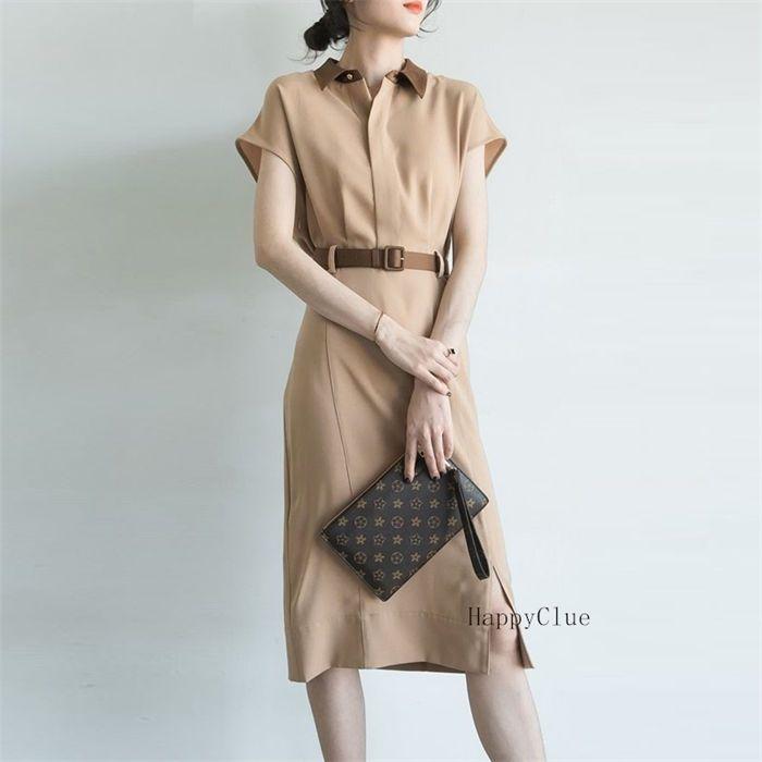 フォーマル ワンピース シャツ風ワンピース エレガント レディース 通勤ワンピース OLオフィス 事務服 きれいめ 半袖 春夏 おしゃれ Aライン ロング丈ワンピース - 画像 (2)