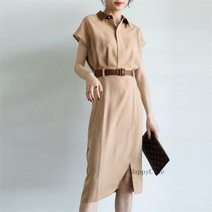 フォーマル ワンピース シャツ風ワンピース エレガント レディース 通勤ワンピース OLオフィス 事務服 きれいめ 半袖 春夏 おしゃれ Aライン ロング丈ワンピース - 画像 (3)