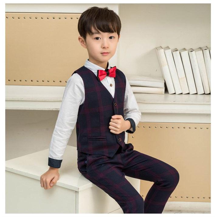 男の子 子供スーツ 入学式 卒業式 スーツ 男子 小学生 フォーマル チェック柄 キッズスーツ 子供服 長袖 タキシード 発表会 演奏会 ベビー服 4点セット【ジャケ - 画像 (4)