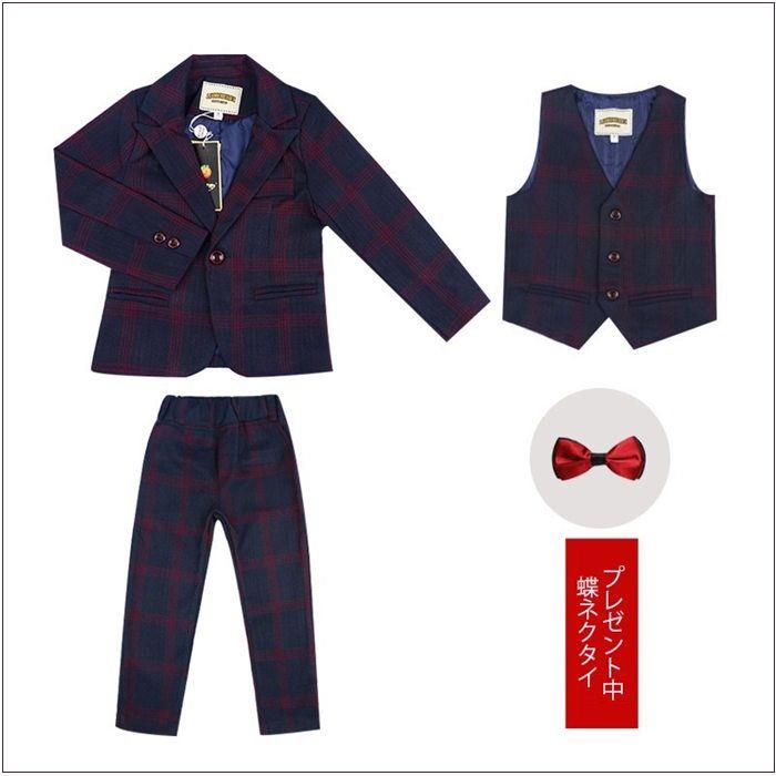 男の子 子供スーツ 入学式 卒業式 スーツ 男子 小学生 フォーマル チェック柄 キッズスーツ 子供服 長袖 タキシード 発表会 演奏会 ベビー服 4点セット【ジャケ - 画像 (9)