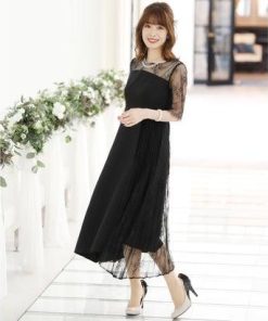 PourVous プールヴー 結婚式ワンピースドレスイレヘムプリーツ七分袖&ロングフォーマル パーティードレス 20代 30代 40代 （ブラック）