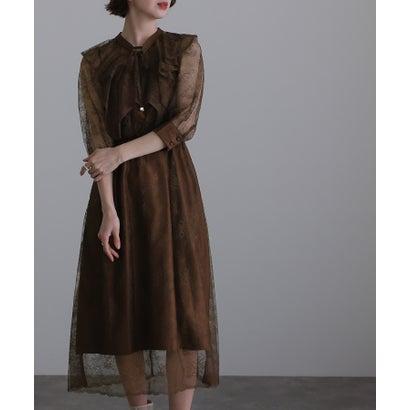 PourVous プールヴー ミモレ丈&袖ありフォーマルカフススリーブセレモニー結婚式パーティードレス ワンピース 20代 30代 40代 (ブラウン