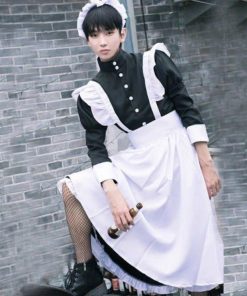 4点セット 女装 女子 ハロウィン 男性 長袖 ワンピース かわいい カチューシャ コスチューム コスプレ ロリータ カフェ 仮装 メイド服 大きいサ