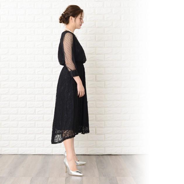 Lace Ladies ロングドレス ワンピース レディース 七分袖ドットチュール袖 ミモレ丈 パーティードレス フレアスカート ロング丈 袖あり 他と被らない - 画像 (4)