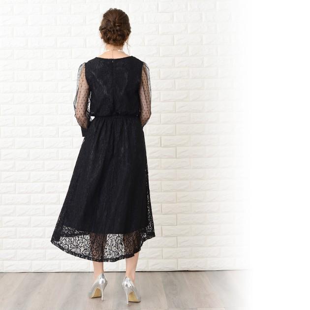 Lace Ladies ロングドレス ワンピース レディース 七分袖ドットチュール袖 ミモレ丈 パーティードレス フレアスカート ロング丈 袖あり 他と被らない - 画像 (7)