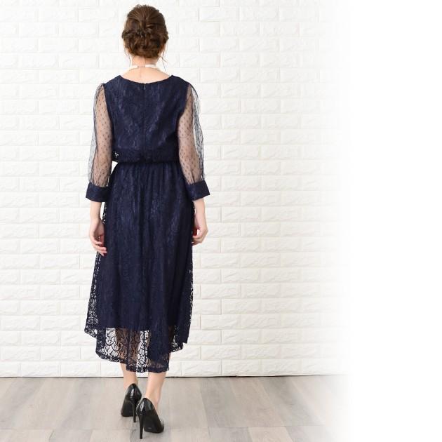 Lace Ladies ロングドレス ワンピース レディース 七分袖ドットチュール袖 ミモレ丈 パーティードレス フレアスカート ロング丈 袖あり 他と被らない - 画像 (9)