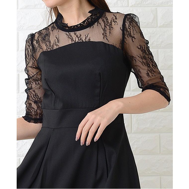 Lace Ladies パーティードレス ロング丈 ワンピース レース袖 ネイビー ブラック レディース 大きいサイズ 袖付き 袖あり 五分袖 - 画像 (4)