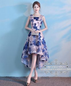 カラードレス カクテルドレス 前短後長ドレス 花柄 ブルー パーティードレス 発表会 演奏会 ステージドレス コンクール フォマール ノースリーブ 上品