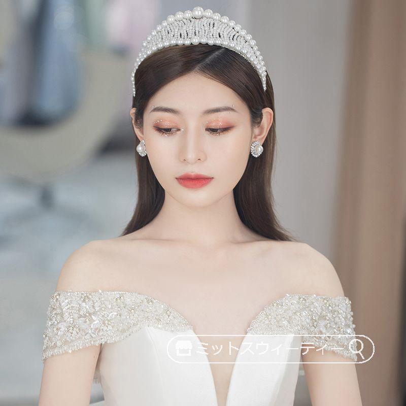 ウェディング ティアラ クラウン 結婚式 花嫁 パール ブライダル 二次会 発表会 髪飾り ヘッドドレス ウエディング小物 カチューシャ 韓国風 パーティー小物 - 画像 (2)