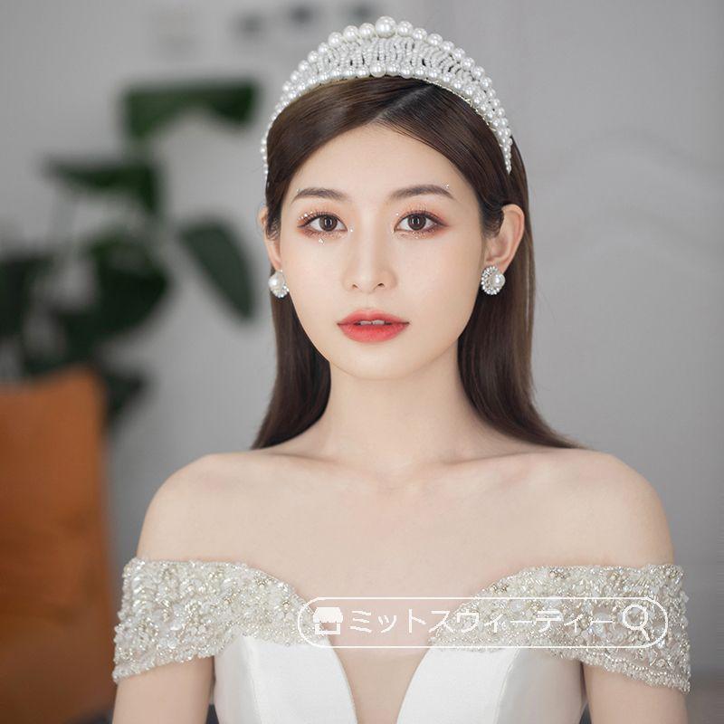 ウェディング ティアラ クラウン 結婚式 花嫁 パール ブライダル 二次会 発表会 髪飾り ヘッドドレス ウエディング小物 カチューシャ 韓国風 パーティー小物 - 画像 (3)